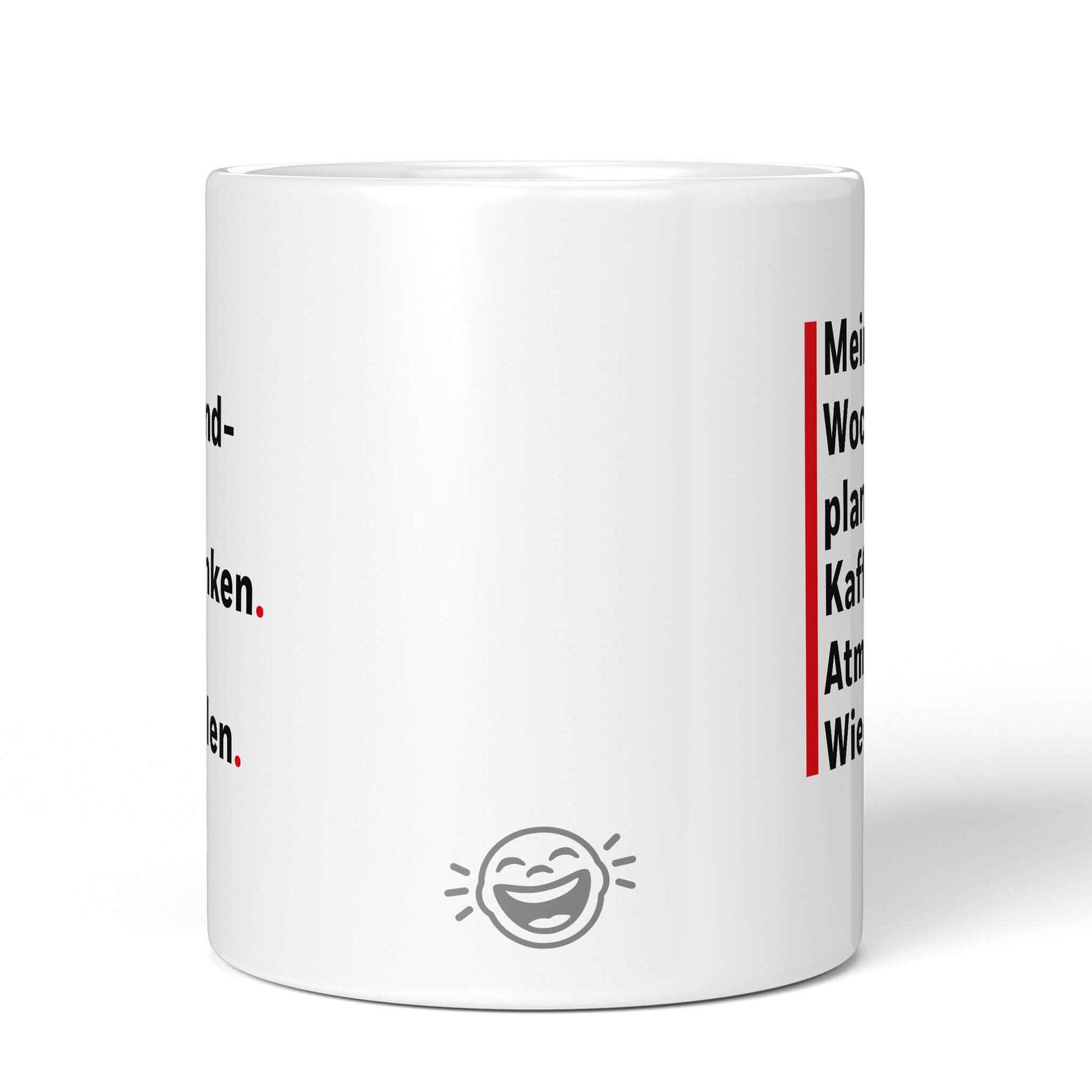 Back of white mug with Brüllerware laughing face logo