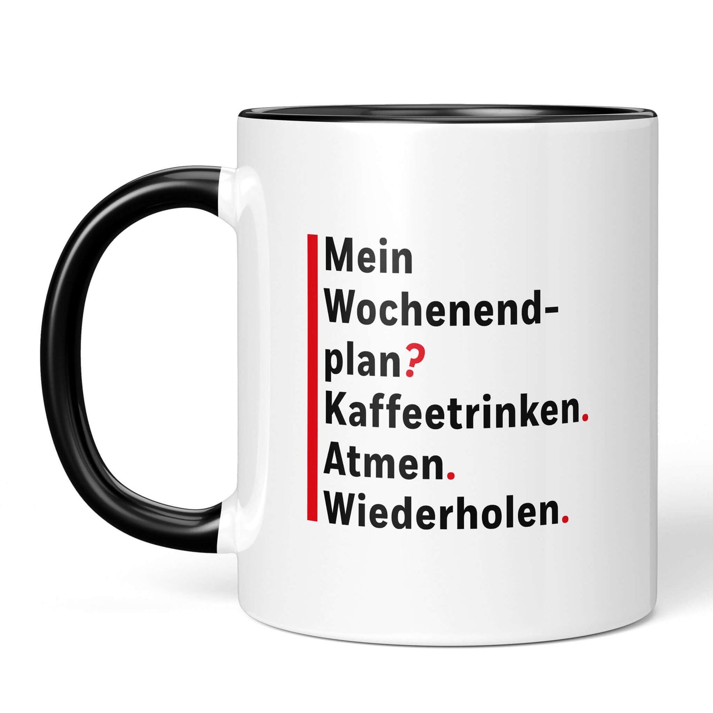 Front view black/white mug: coffee quote in contrast design