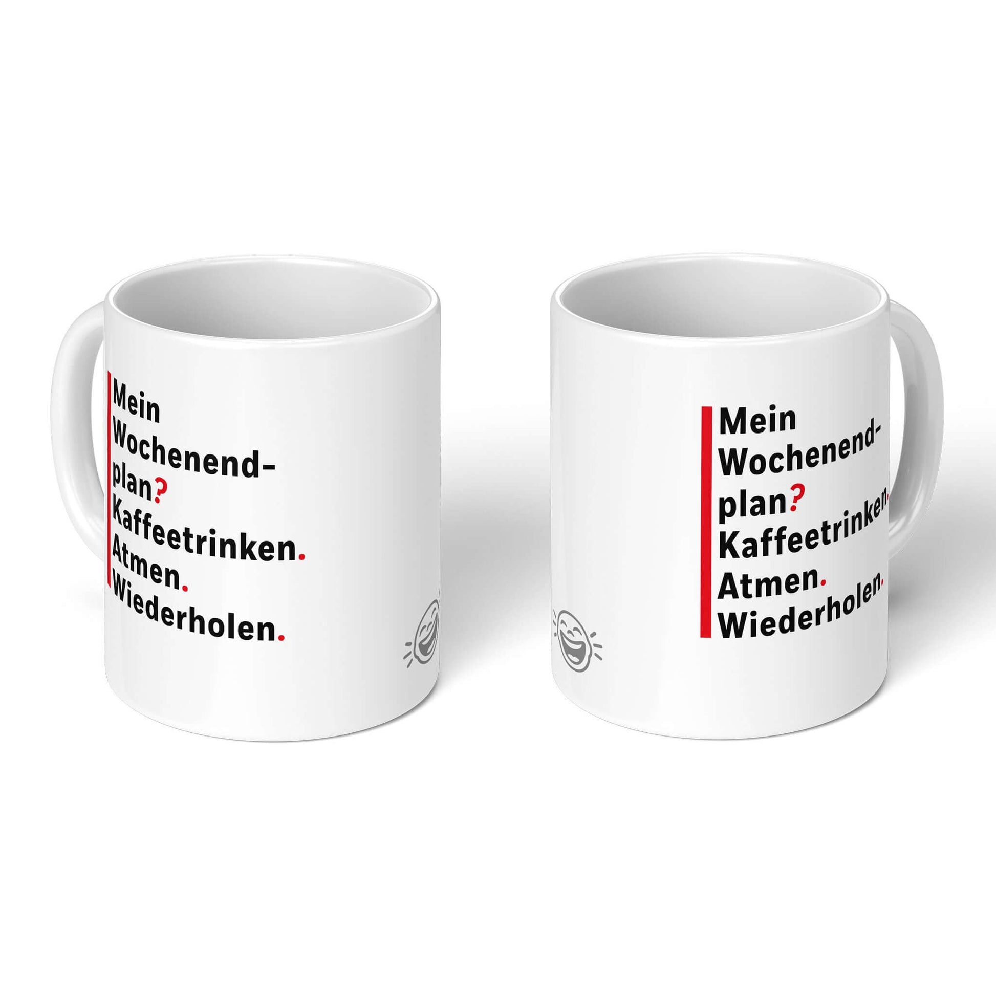 Two white mugs side by side – front and back