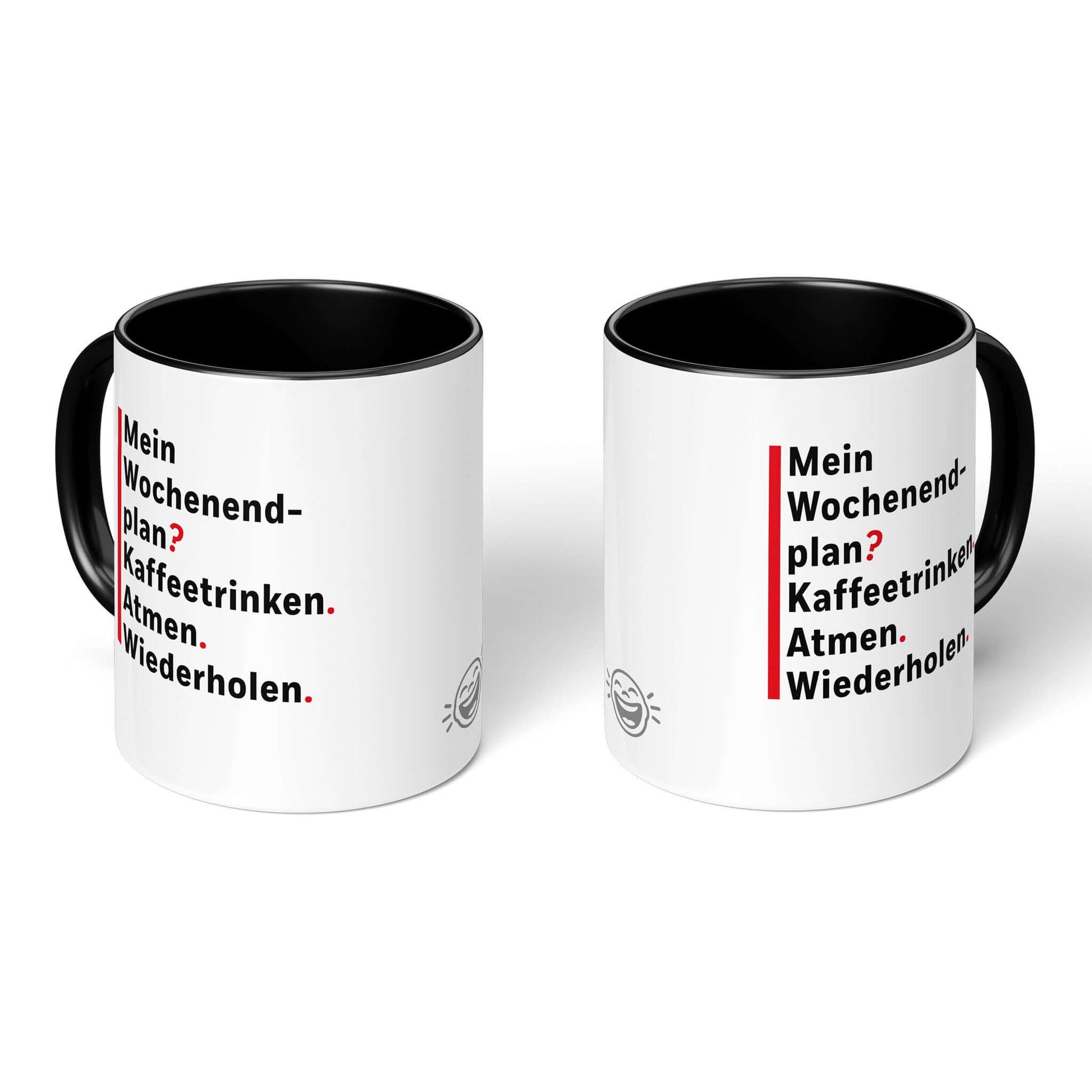 Two black-accent mugs side by side – front and back