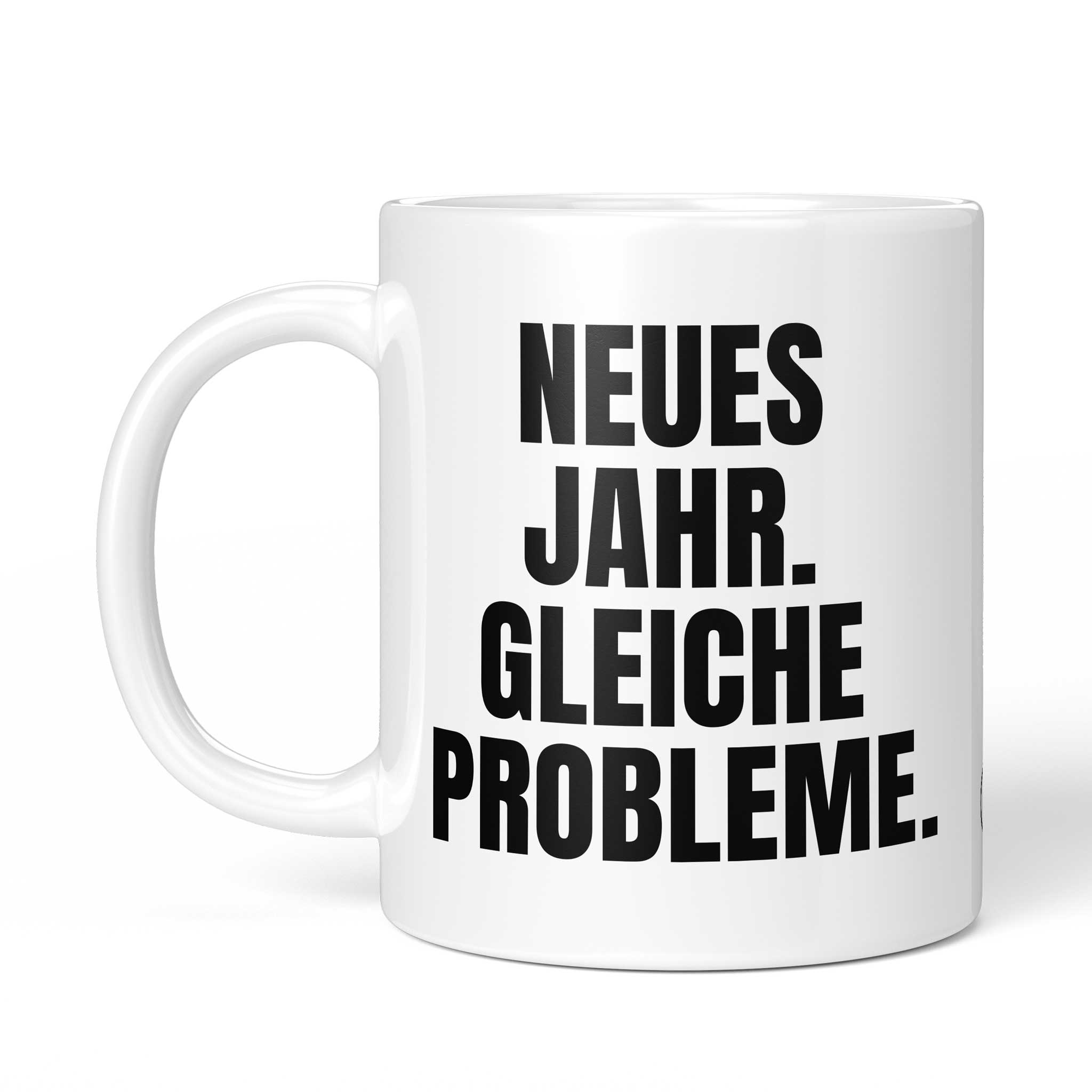 Rückseite der Brüllerware Tasse „Neues Jahr. Gleiche Probleme.“ – beidseitiger Druck mit Brüllerware Markenzeichen