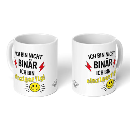 Pride Cup – two white mugs, front and back with smiley