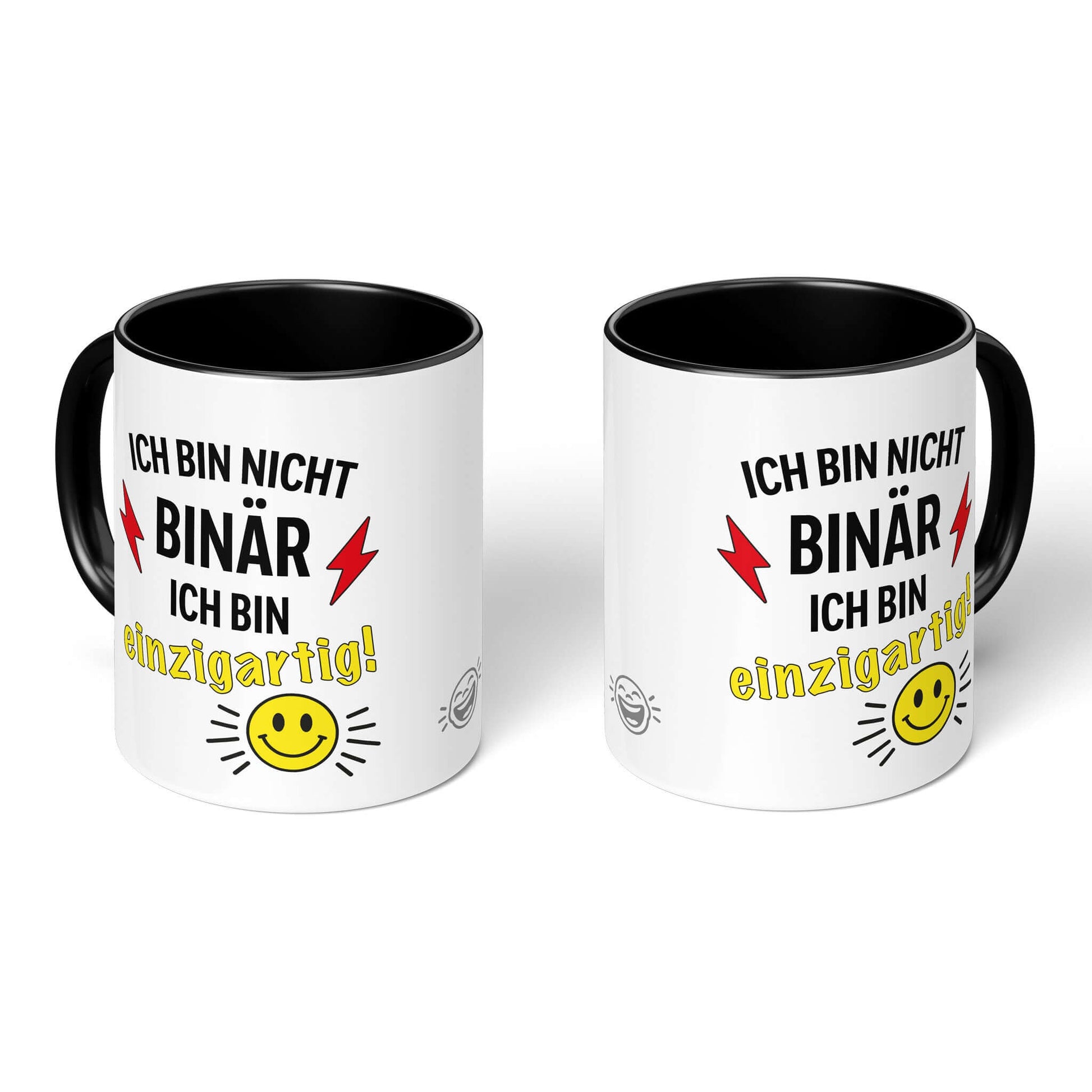 Nonbinary Pride Mug – two black-accented mugs, front and back with smiley