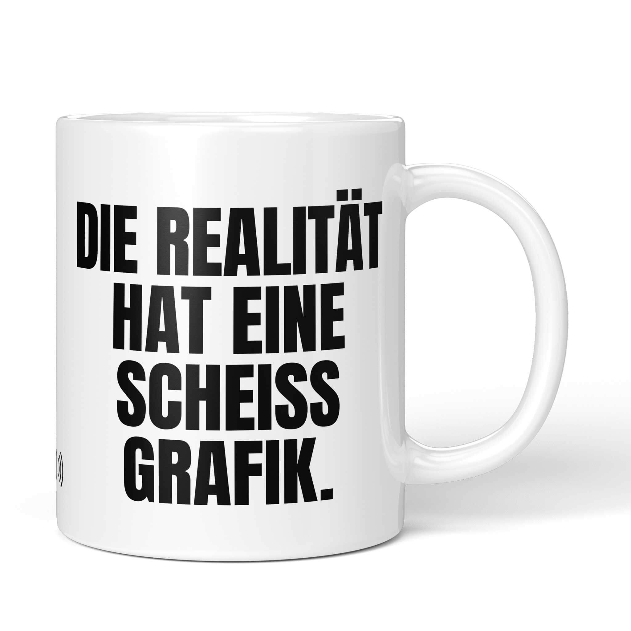 Brüllerware Tasse mit Spruch: "Die Resalität hat eine scheiss Grafik." - Lustige Kaffeetasse für Büro & Alltag - Schwarz Weiß Design