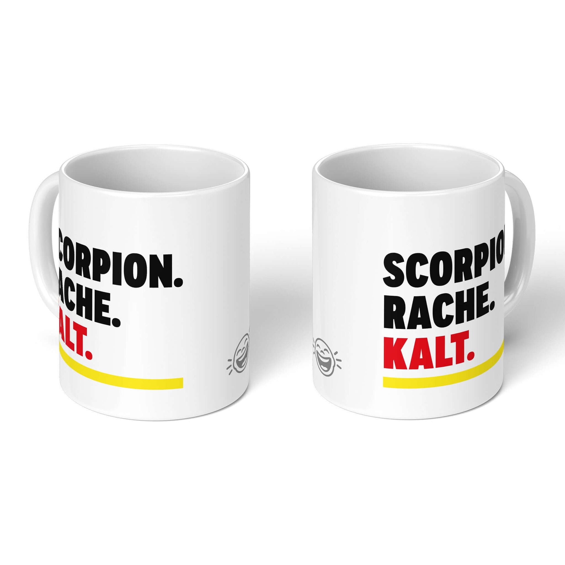 Zodiac Cup Scorpio – two white mugs, front and back with smiley