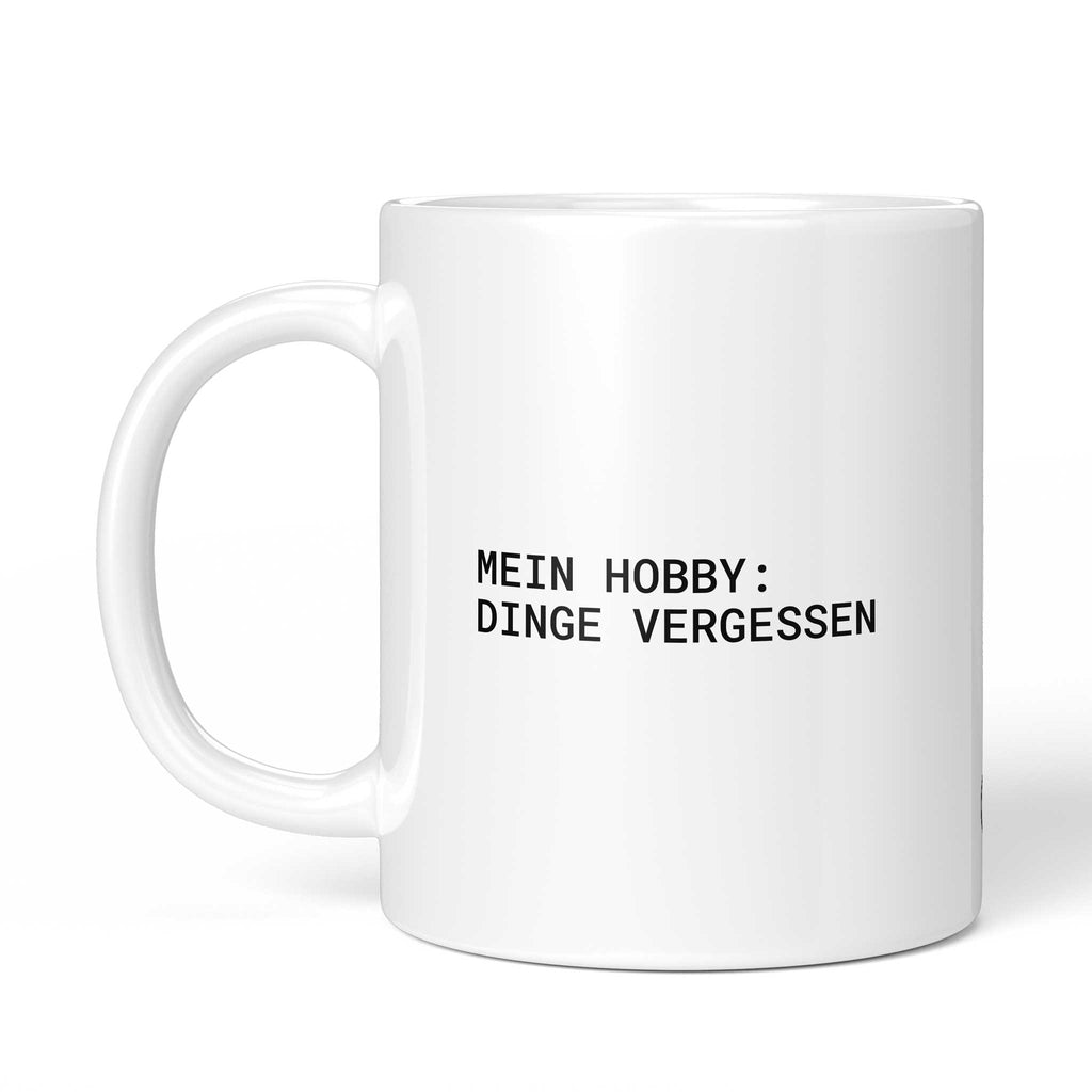 Rückseite der Brüllerware Tasse „Mein Hobby: Dinge vergessen“ – beidseitiger Druck mit Brüllerware Markenzeichen