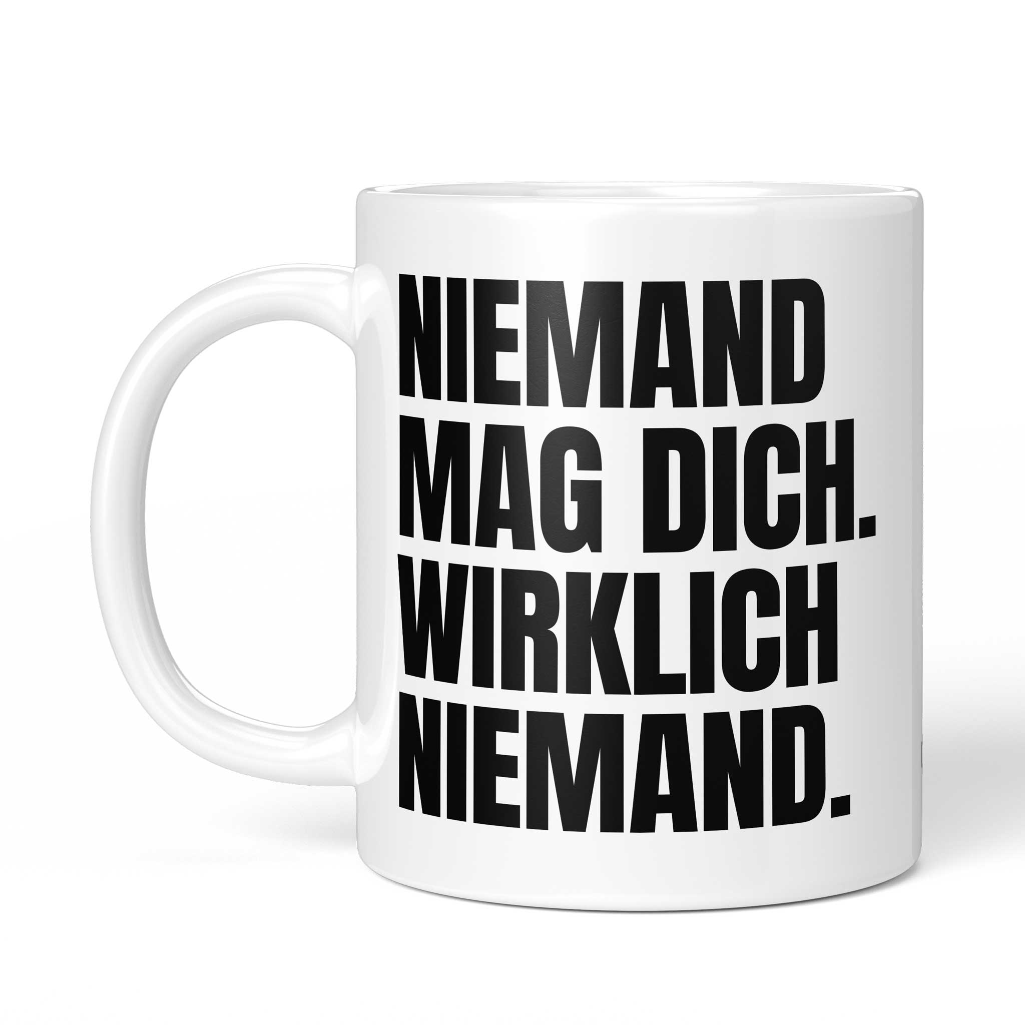 Rückseite der Brüllerware Tasse „Niemand mag dich. Wirklich niemand.“ – beidseitiger Druck mit Brüllerware Markenzeichen