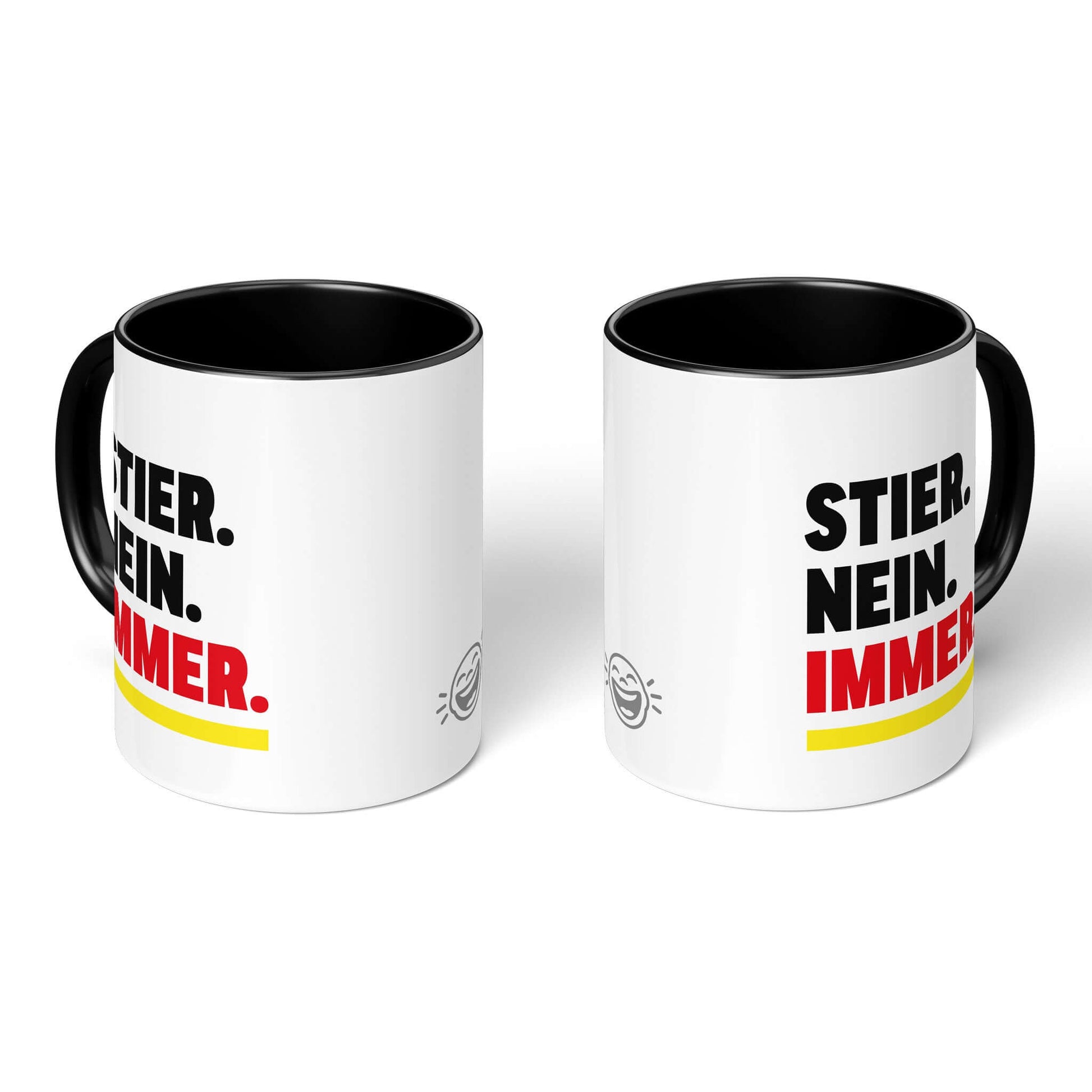 Stubborn Sign Humor Mug – two black-handled mugs, Taurus mug front and back