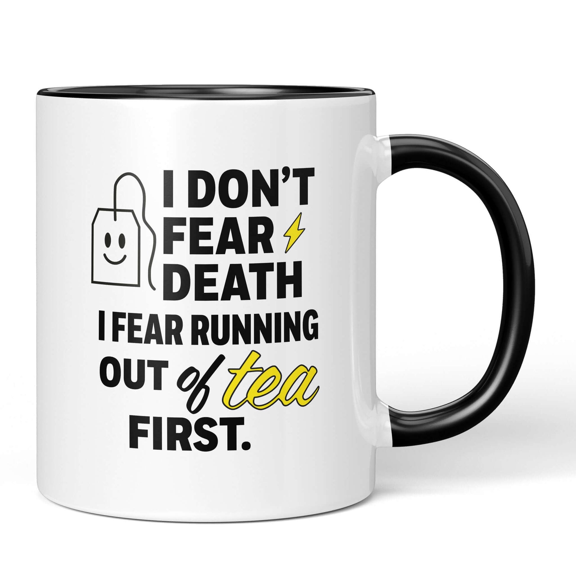 Black-accent mug with same humorous tea message