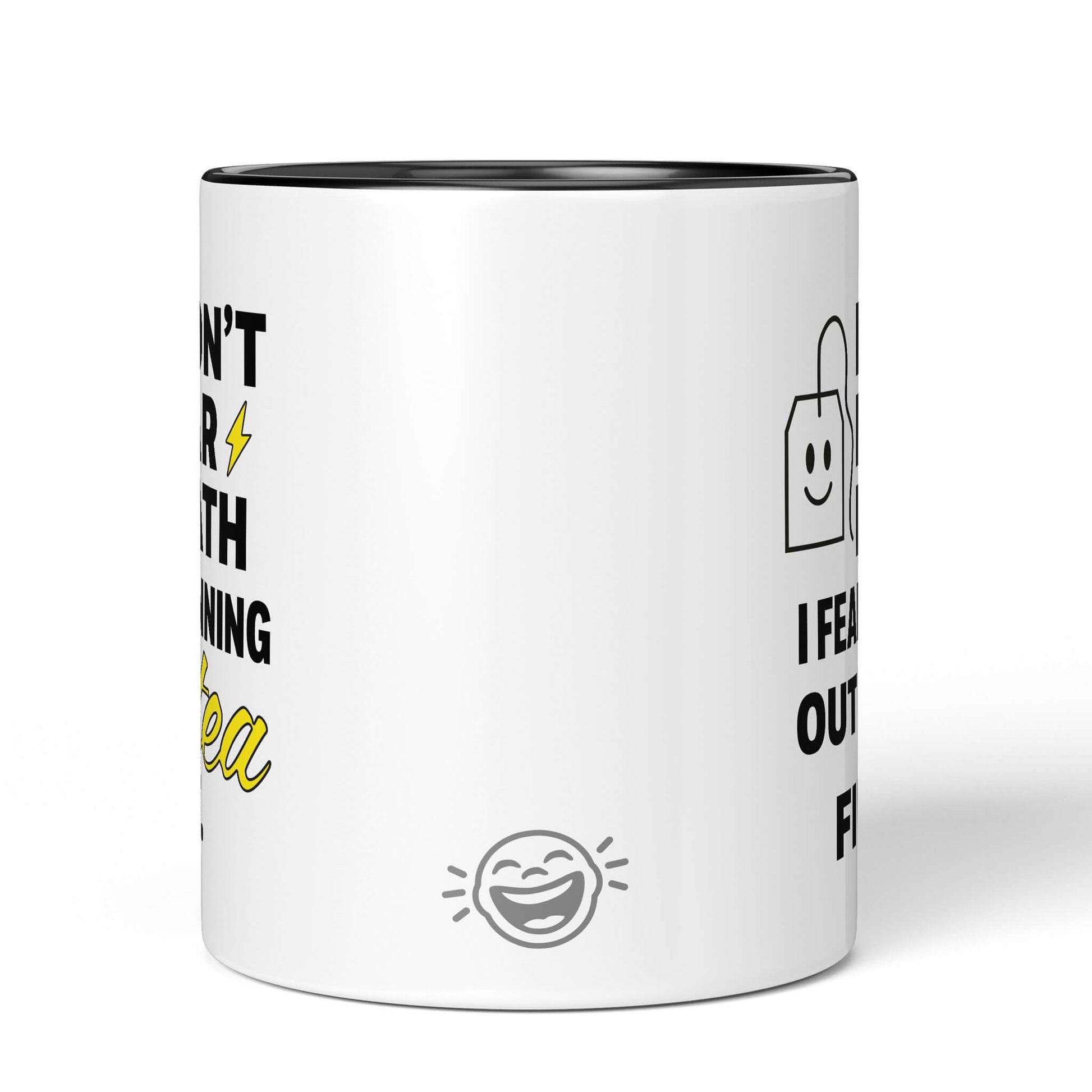 Reverse side of black/white mug with brand icon