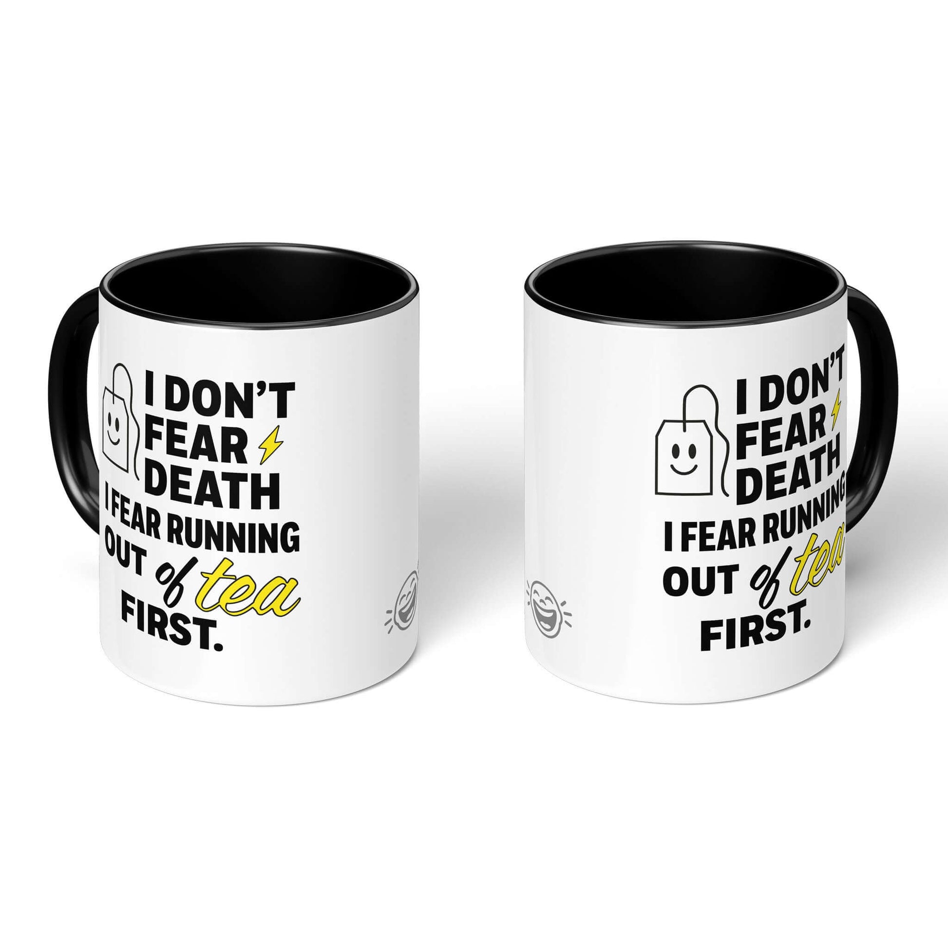 Two black-handled tea mugs – design front & logo rear