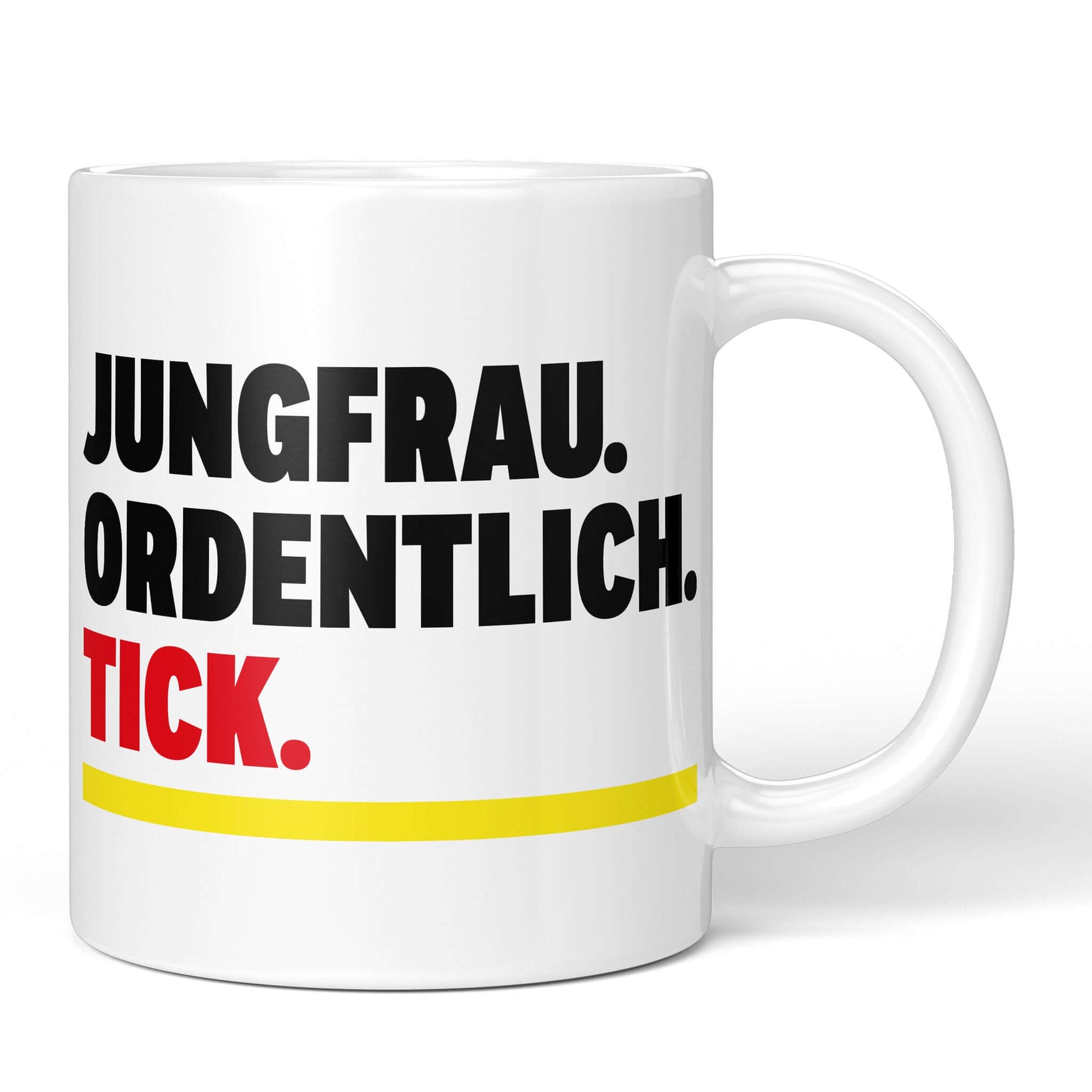 Virgo Mug “Neat. Tick.” – white version, front view
