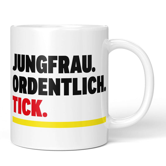 Virgo Mug “Neat. Tick.” – white version, front view
