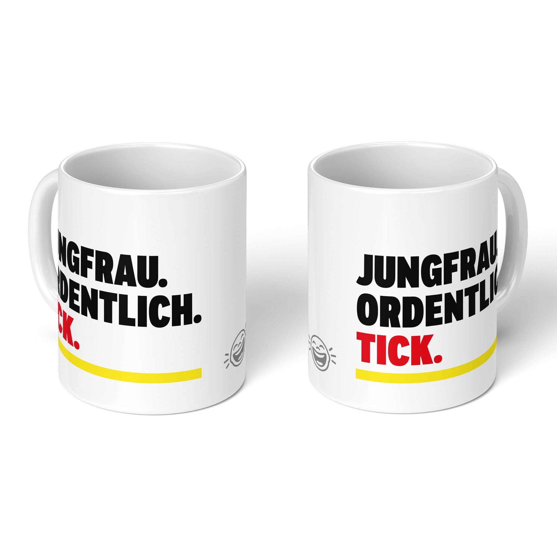 Zodiac Cup Virgo – two white mugs, front and back with Brüllerware smiley